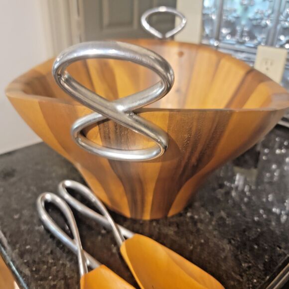 Luxury Nambe Acacia Wood Large Salad Serving Bowl Fork & Spoon Silver Accents - Picture 6 of 16